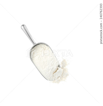 Scoop with flour isolated on white, top view 140762393