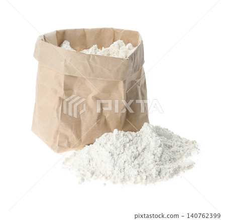 Organic flour and paper bag isolated on white Organic flour and paper bag isolated on white 140762399