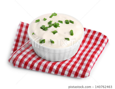 Fresh sour cream with onion and fabric on white background Fresh sour cream with onion and fabric on white background 140762463