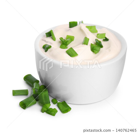 Fresh sour cream with onion on white background Fresh sour cream with onion on white background 140762465