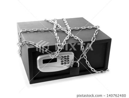 Black steel safe with chain and padlock isolated on white Black steel safe with chain and padlock isolated on white 140762480
