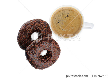 Delicious pastries and coffee on white background, top view 140762562