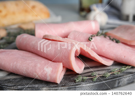 Tasty ham on light grey table, closeup 140762640