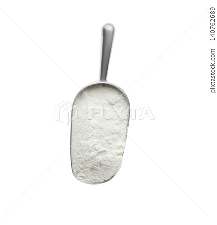 Scoop with flour isolated on white, top view 140762689