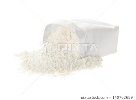 Overturned paper bag with flour isolated on white 140762699