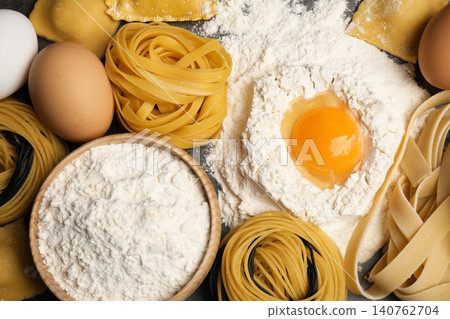 Different types of pasta and ingredients, top view Different types of pasta and ingredients, top view 140762704