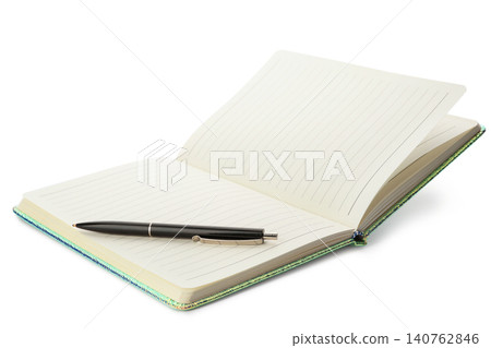 Stylish open notebook and pen isolated on white Stylish open notebook and pen isolated on white 140762846