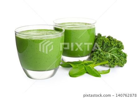 Tasty fresh kale smoothie with spinach isolated on white Tasty fresh kale smoothie with spinach isolated on white 140762878