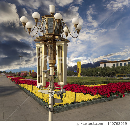 Street lamp on Tiananmen Square in Beijing, China (against the background of a beautiful sky with clouds) Street lamp on Tiananmen Square in Beijing, China (against the background of a beautiful sky with clouds) 140762939