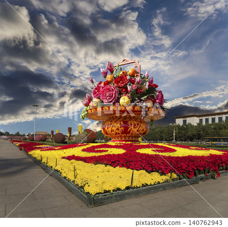 Huge flower basket (against the background of a beautiful sky with clouds) in Tiananmen square, Beijing, China Huge flower basket (against the background of a beautiful sky with clouds) in Tiananmen square, Beijing, China 140762943