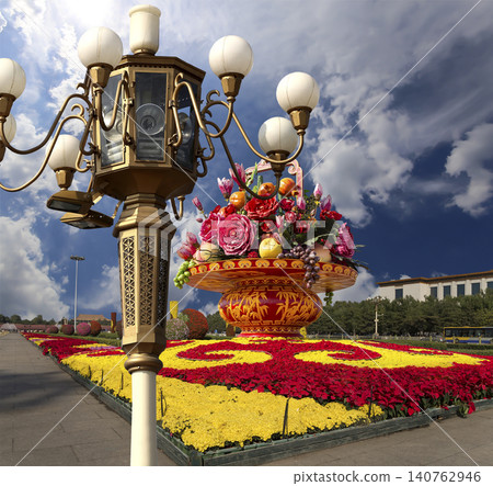 Street lamp and huge flower basket (against the background of a beautiful sky with clouds) in Tiananmen square, Beijing, China 140762946