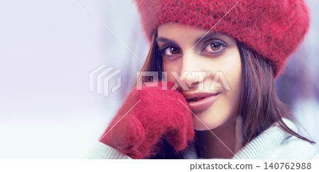 Style, beauty and portrait of woman with winter clothes on cold weather vacation or holiday. Serious, makeup and face of female person with gloves and beanie for trendy fashion for weekend trip. 140762988