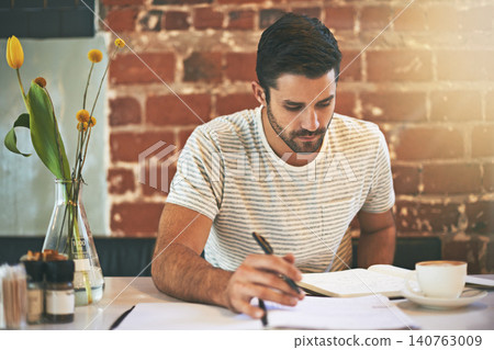 Man, coffee shop and planner for writing ideas, inspiration and writer for creativity in restaurant. Male person, journal and checklist for story or author, calm and peace in cafe for script project 140763009