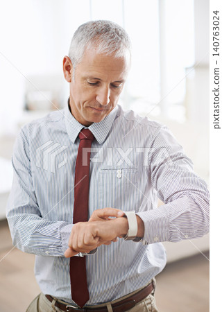 Smart watch, alert and senior businessman in office for tech, message or email notification. Check, planning or elderly male entrepreneur with watch, time or digital schedule, calendar or clock alarm 140763024