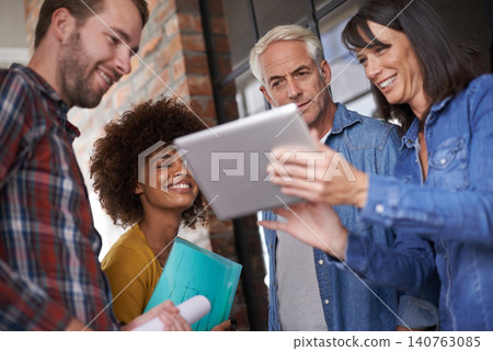 Team, employees and meeting with tablet for planning, strategy and project management for construction. Architect, engineer and collaboration with diversity working on idea, documents and design Team, employees and meeting with tablet for planning, strategy and project management for construction. Architect, engineer and collaboration with diversity working on idea, documents and design 140763085
