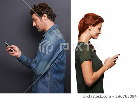 Phone, man and woman in studio with mobile app for chat, match and connection with networking. Internet, communication and couple with application for online dating with smartphone, scroll and smile Phone, man and woman in studio with mobile app for chat, match and connection with networking. Internet, communication and couple with application for online dating with smartphone, scroll and smile 140763094