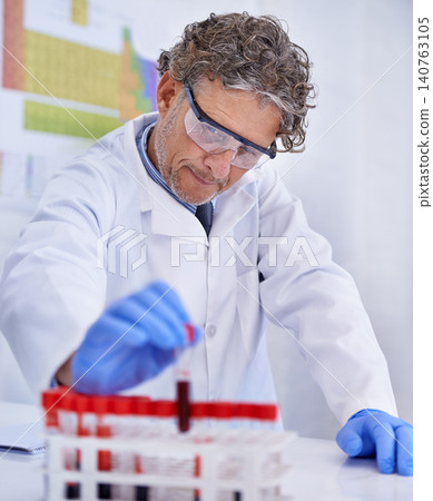Scientist, blood and chemistry in laboratory, healthcare facility and results for medical research. Male person, science expert and doctor with sample for analysis, dna or forensic study in test tube Scientist, blood and chemistry in laboratory, healthcare facility and results for medical research. Male person, science expert and doctor with sample for analysis, dna or forensic study in test tube 140763105