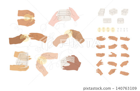 Multiple hand gestures in various positions, hands with box and key isolated on white background Multiple hand gestures in various positions, hands with box and key isolated on white background 140763109