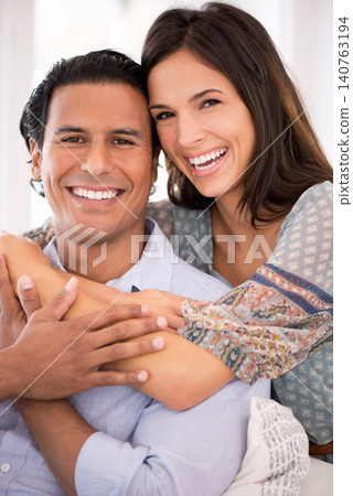 Smile, hug and portrait of couple on couch for weekend bonding, romance and connection in home. Love, support and trust in marriage, man and happy woman on sofa with embrace, wellness and relax. Smile, hug and portrait of couple on couch for weekend bonding, romance and connection in home. Love, support and trust in marriage, man and happy woman on sofa with embrace, wellness and relax. 140763194