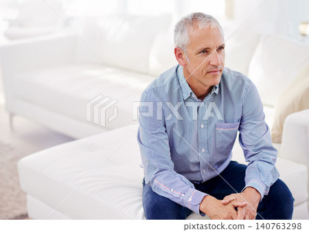 Senior, man and thinking or relax on sofa with daydreaming, retirement and wellness in living room. Elderly, person and face with idea, thoughtful and peaceful in lounge of apartment on the weekend Senior, man and thinking or relax on sofa with daydreaming, retirement and wellness in living room. Elderly, person and face with idea, thoughtful and peaceful in lounge of apartment on the weekend 140763298