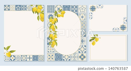 Mediterranean template set with lemon branches, blue ceramic tile ornaments and elegant blank frames. Versatile vector layouts for invitations, cards, menus, posters and social media. Mediterranean template set with lemon branches, blue ceramic tile ornaments and elegant blank frames. Versatile vector layouts for invitations, cards, menus, posters and social media. 140763587