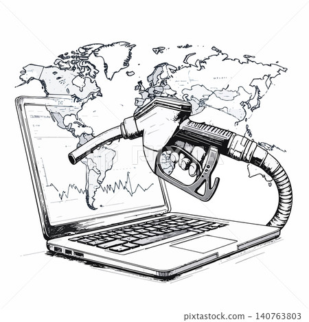 Fuel nozzle coming from laptop with world map Fuel nozzle coming from laptop with world map 140763803