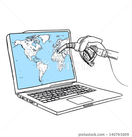 Hand fueling laptop with world map displaying global energy concept 140763809