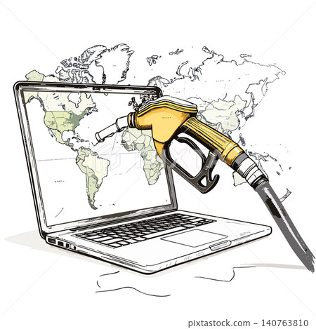 Fuel nozzle coming from laptop with world map Fuel nozzle coming from laptop with world map 140763810