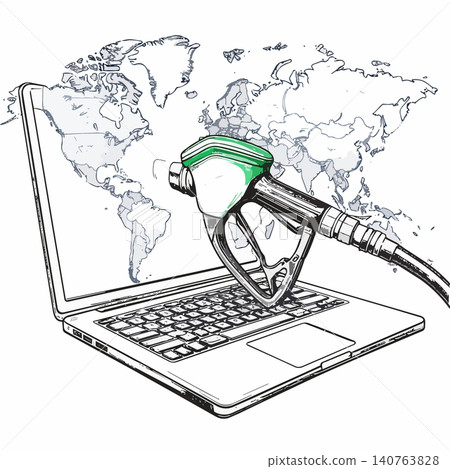 Fuel nozzle emerging from laptop screen symbolizing global energy online Fuel nozzle emerging from laptop screen symbolizing global energy online 140763828
