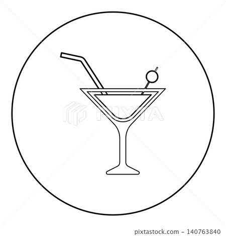 Martini cocktail with straw and olive garnished in glass alcoholic concept leisure icon in circle round black color vector illustration image outline contour line thin style 140763840