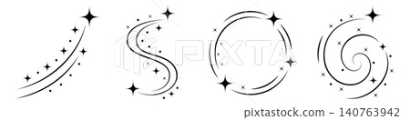 Black Sparkle Trail Set with Celestial Swirls, Minimal Magic Dust Arcs and Twinkle Paths, Flat Vector Decorative Elements for Logo, Invitation and Graphic Design 140763942