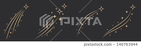 Gold Shooting Star Trail Set on Dark Background, Luxury Celestial Sparkle Arcs and Magic Dust Paths, Minimal Vector Twinkle Elements for Elegant Decoration, Logo and Graphic Design Gold Shooting Star Trail Set on Dark Background, Luxury Celestial Sparkle Arcs and Magic Dust Paths, Minimal Vector Twinkle Elements for Elegant Decoration, Logo and Graphic Design 140763944
