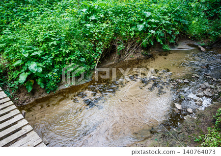 A tranquil shallow creek winds through vibrant green wild growth. A rustic wooden footbridge peeks into the frame, hinting at a path in this serene forest spot A tranquil shallow creek winds through vibrant green wild growth. A rustic wooden footbridge peeks into the frame, hinting at a path in this serene forest spot 140764073