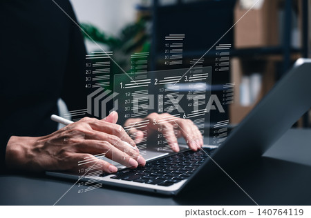 Online exam and digital questionnaire survey concept. online assessment form. Man hand typing on laptop to answer electronic checklist test, quiz, feedback evaluation, internet survey, data collection 140764119