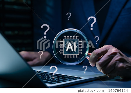AI question analysis and artificial intelligence research concept. Person using laptop with magnifying glass, AI chip and question marks showing data discovery, problem solving, smart decision support 140764124