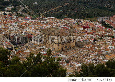 Aerial view of the cathedral of Jaen and city center seen from the castle. Aerial view of the cathedral of Jaen and city center seen from the castle. 140764135