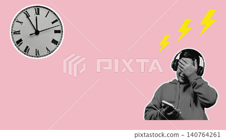 Black and white illustration of a frustrated young man wearing headphones, holding a smartphone, with a clock and lightning bolts on a pink background Black and white illustration of a frustrated young man wearing headphones, holding a smartphone, with a clock and lightning bolts on a pink background 140764261