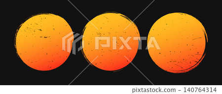 Brush sun rough. Circular gradient sun shape with noise and splashes. Japanese or vintage grunge element. Set of vector illustrations Brush sun rough. Circular gradient sun shape with noise and splashes. Japanese or vintage grunge element. Set of vector illustrations 140764314