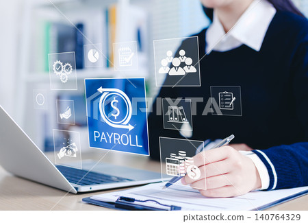 Payroll Management and Salary Processing System. Businesswoman calculates payroll, with icons representing employee salaries management, payment scheduling, efficient payroll, financial documentation, 140764329