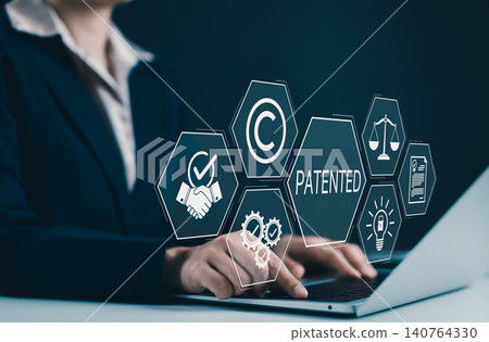 Patent protection and intellectual property rights concept. Businesswoman using laptop with icons related to patent, copyright, legal protection, innovation, registration, and trademark security. TM, 140764330