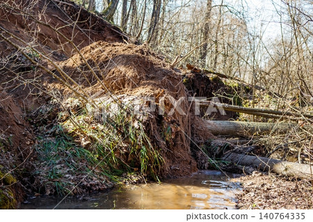 Massive soil slide on a sandy ravine slope in springtime, exposing tree roots and fallen logs. A small stream flows at the bottom of the ravaged landscape 140764335
