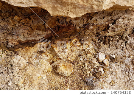 Distinctive clay layers interlaced within sedimentary limestone strata of a quarry, showcasing geological history through weathered rock textures, earthy tones Distinctive clay layers interlaced within sedimentary limestone strata of a quarry, showcasing geological history through weathered rock textures, earthy tones 140764338