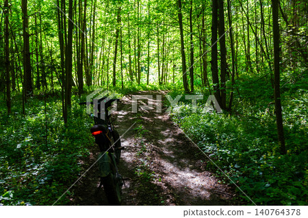 Powerful electric fat bike parked on a sun-dappled dirt trail deep inside a lush green forest during an active summer ride 140764378