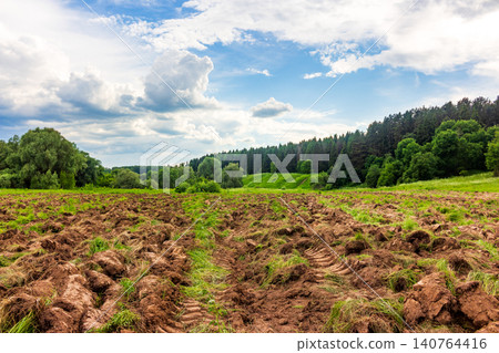 Heavy tractor tracks cut through rich dark soil of a recently plowed overgrown meadow under a bright blue summer sky, showcasing sustainable agriculture and land preparation for farming Heavy tractor tracks cut through rich dark soil of a recently plowed overgrown meadow under a bright blue summer sky, showcasing sustainable agriculture and land preparation for farming 140764416