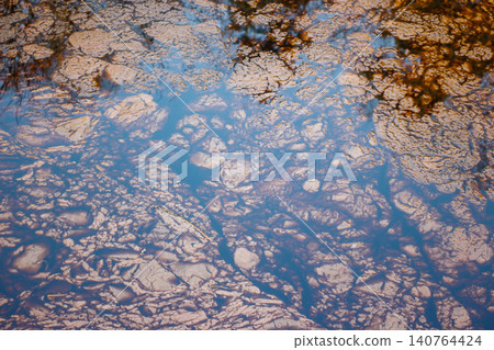 Gritty oil slick smears a winter creek, vividly showcasing severe environmental devastation. This toxic discharge creates a disturbing, abstract pattern of nature's plight Gritty oil slick smears a winter creek, vividly showcasing severe environmental devastation. This toxic discharge creates a disturbing, abstract pattern of nature's plight 140764424