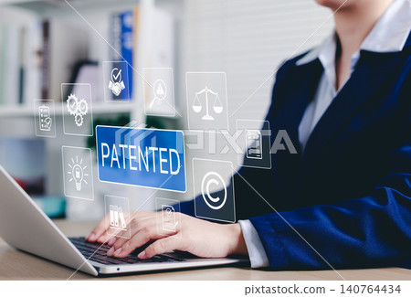 Patent protection and intellectual property rights concept. Businesswoman using laptop with icons related to patent, copyright, legal protection, innovation, registration, and trademark security. TM, Patent protection and intellectual property rights concept. Businesswoman using laptop with icons related to patent, copyright, legal protection, innovation, registration, and trademark security. TM, 140764434