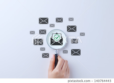 Email Verification and Filtering Concept. A magnifying glass focusing on a verified email icon with envelope symbols, secure email filtering, and validation. spam virus, phishing, fraud, scam mail, Email Verification and Filtering Concept. A magnifying glass focusing on a verified email icon with envelope symbols, secure email filtering, and validation. spam virus, phishing, fraud, scam mail, 140764443