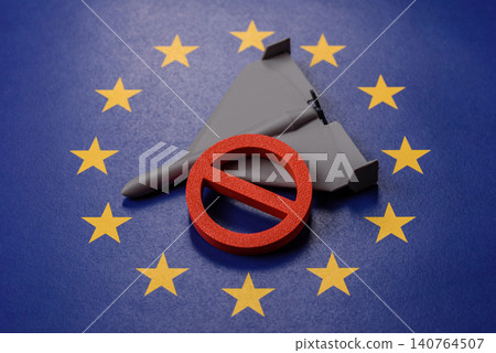 A Shahed drone featuring a prohibition symbol superimposed on the European Union flag A Shahed drone featuring a prohibition symbol superimposed on the European Union flag 140764507