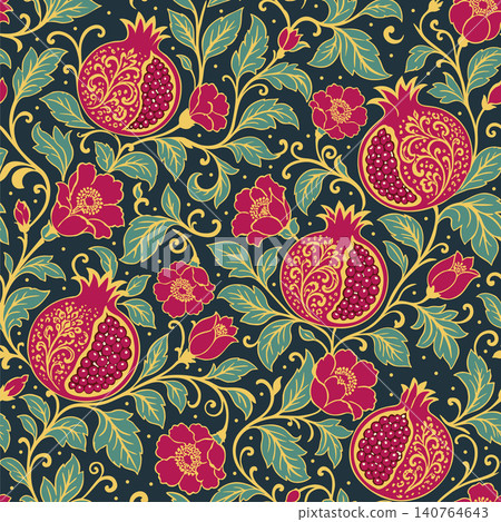 Vector seamless floral pattern with pomegranates. Leaves, plants and flowers on dark background Vector seamless floral pattern with pomegranates. Leaves, plants and flowers on dark background 140764643