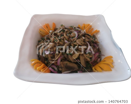 Mushroom salad with red onion and parsley in white bowl 140764703